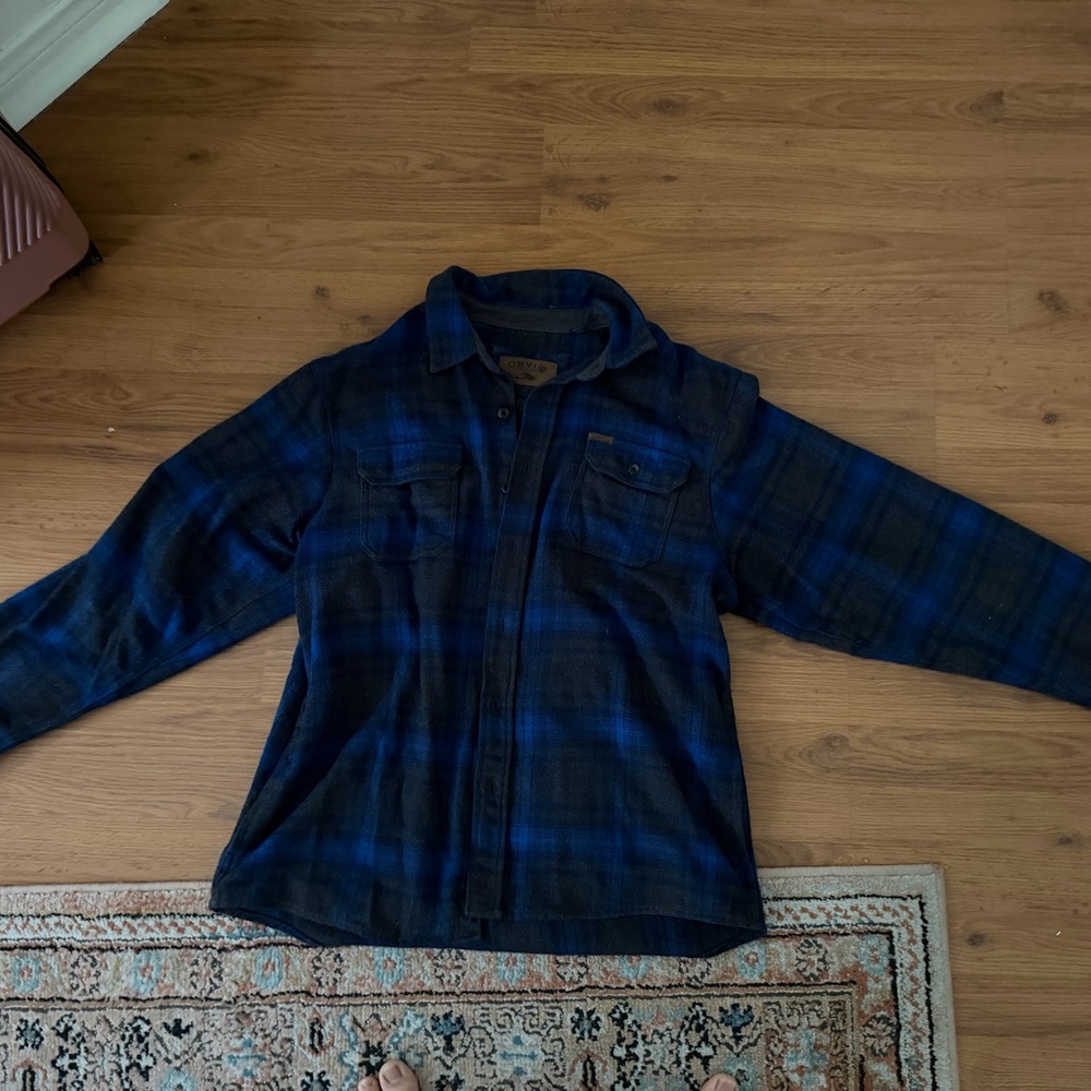 Orvis Blue and Black Plaid Casual Button Down Shirt